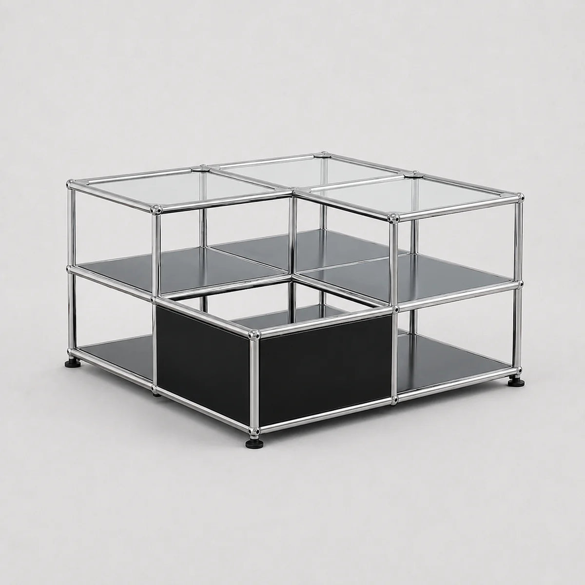 A modular two-tier storage unit with a chrome metal frame, clear glass panels, and black shelves, shown on a light gray background.