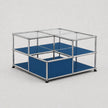 A modular two-tier storage organizer with a chrome metal frame, clear glass top panels, and blue fabric shelves, shown on a light gray background.