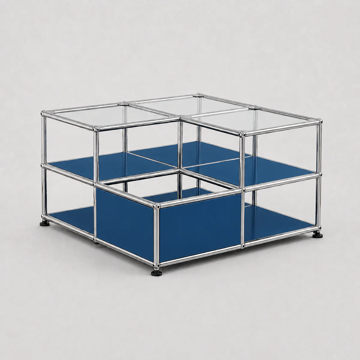A modular two-tier storage organizer with a chrome metal frame, clear glass top panels, and blue fabric shelves, shown on a light gray background.