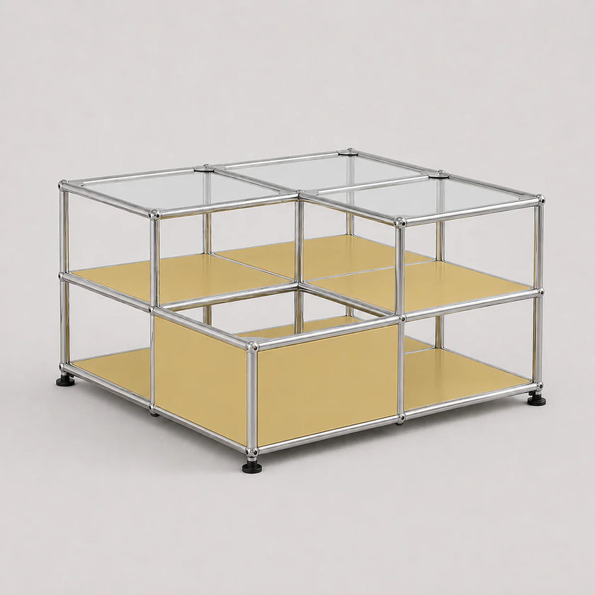 A modular two-tier storage shelf unit with a silver aluminum frame, clear glass top panels, and mustard yellow shelves, shown on a light gray background.