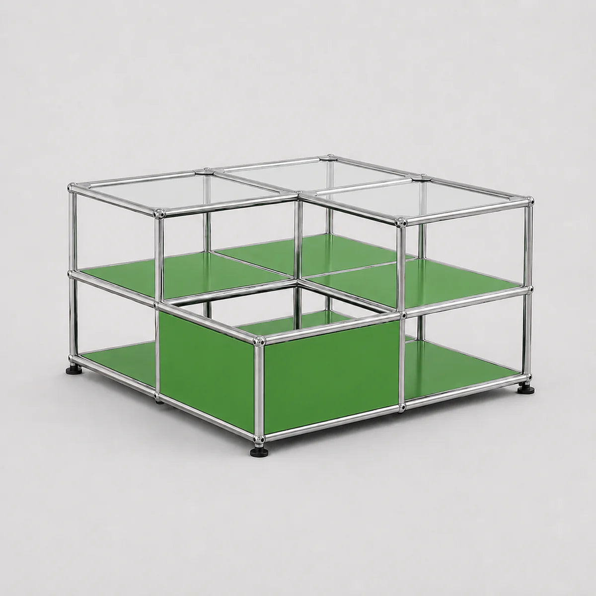 A modular metal and glass storage unit with green panels, shown on a light gray background.