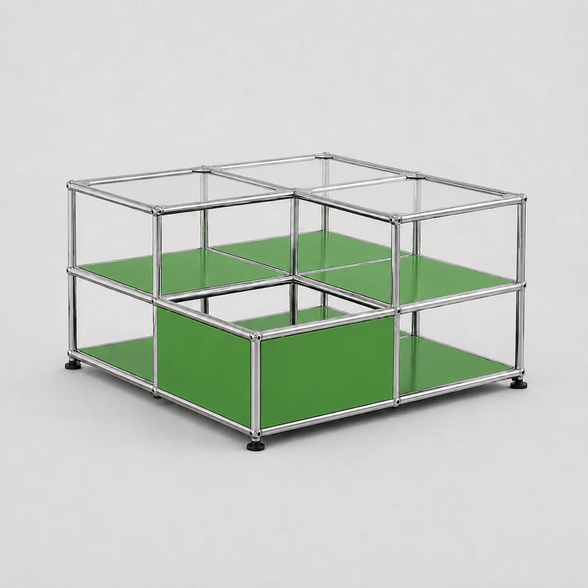 A modular metal and glass storage unit with green panels, shown on a light gray background.