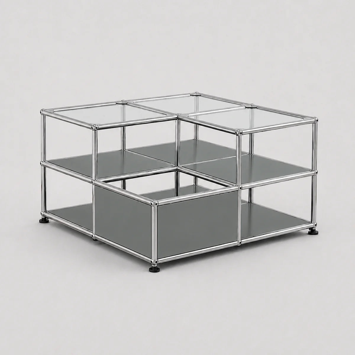 A modular two-tier storage organizer with a chrome metal frame, clear glass top panels, and gray shelves, shown on a light gray background.
