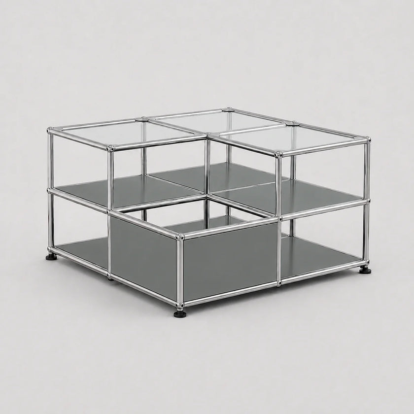 A modular two-tier storage organizer with a chrome metal frame, clear glass top panels, and gray shelves, shown on a light gray background.