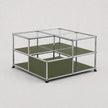 A modular two-tier storage cabinet with a chrome metal frame, clear glass top panels, and olive green lower shelves, shown on a light gray background.