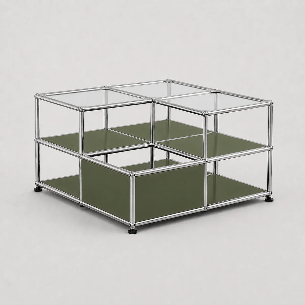 A modular two-tier storage cabinet with a chrome metal frame, clear glass top panels, and olive green lower shelves, shown on a light gray background.