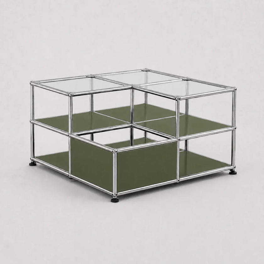 A modular two-tier storage cabinet with a chrome metal frame, clear glass top panels, and olive green lower shelves, shown on a light gray background.