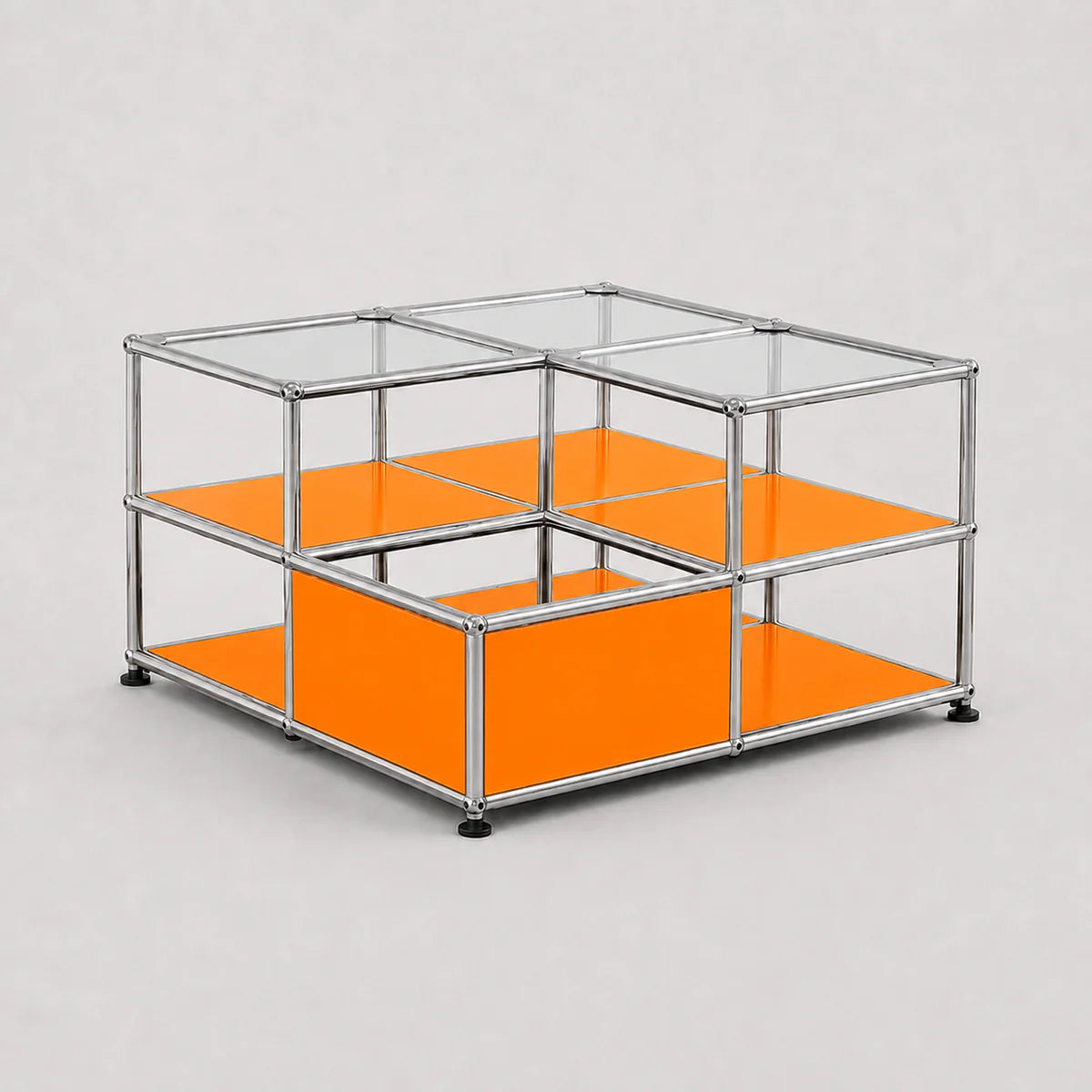 A modular two-tier storage unit with a chrome metal frame, clear glass panels, and bright orange shelves, shown on a light gray background.
