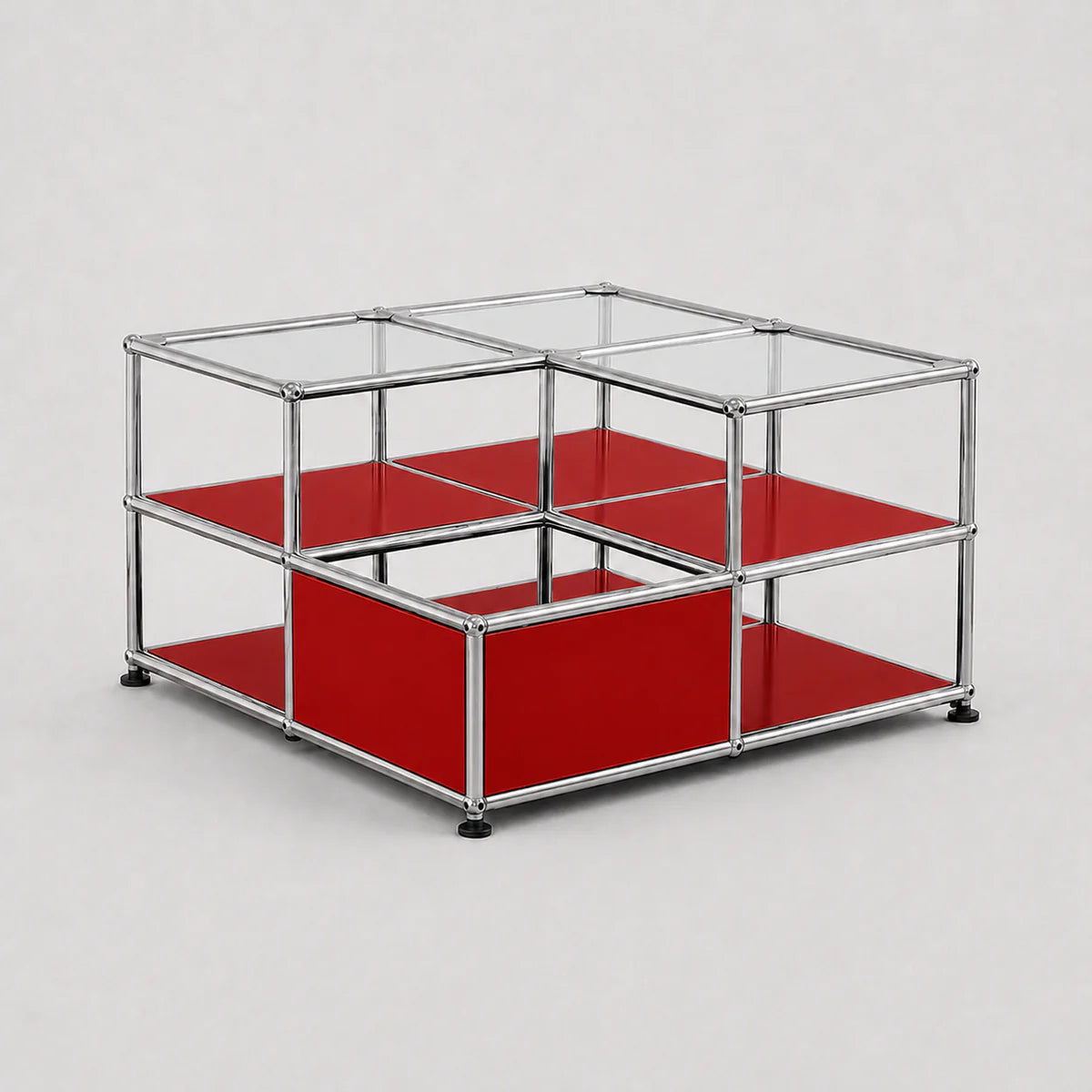 A modular storage organizer with a chrome metal frame, clear glass panels on the top, and bright red shelves on the bottom, shown on a light gray background.