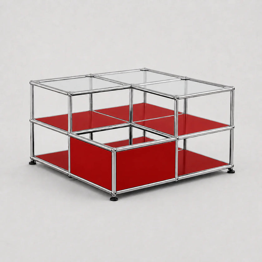 A modular storage organizer with a chrome metal frame, clear glass panels on the top, and bright red shelves on the bottom, shown on a light gray background.