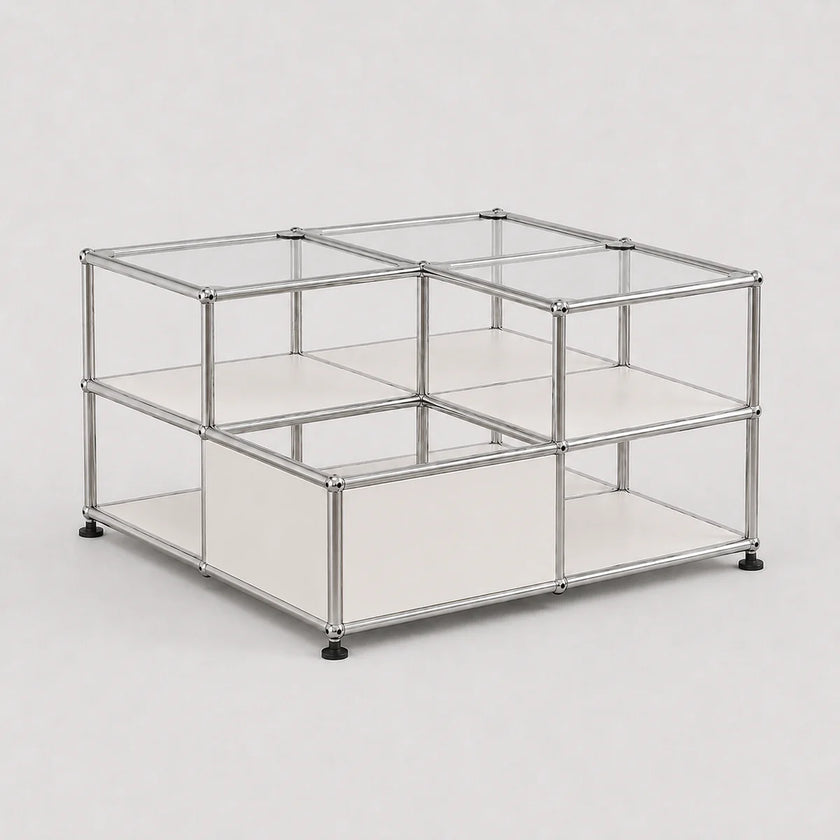 A modular storage organizer made of clear acrylic panels and silver metal tubing with black feet, shown on a light gray background.
