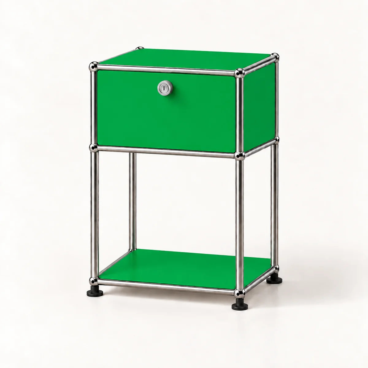 A modern two-tier storage cabinet with a bright green enamel finish and a chrome tubular steel frame, featuring a single lockable drawer on the top shelf and an open lower shelf.