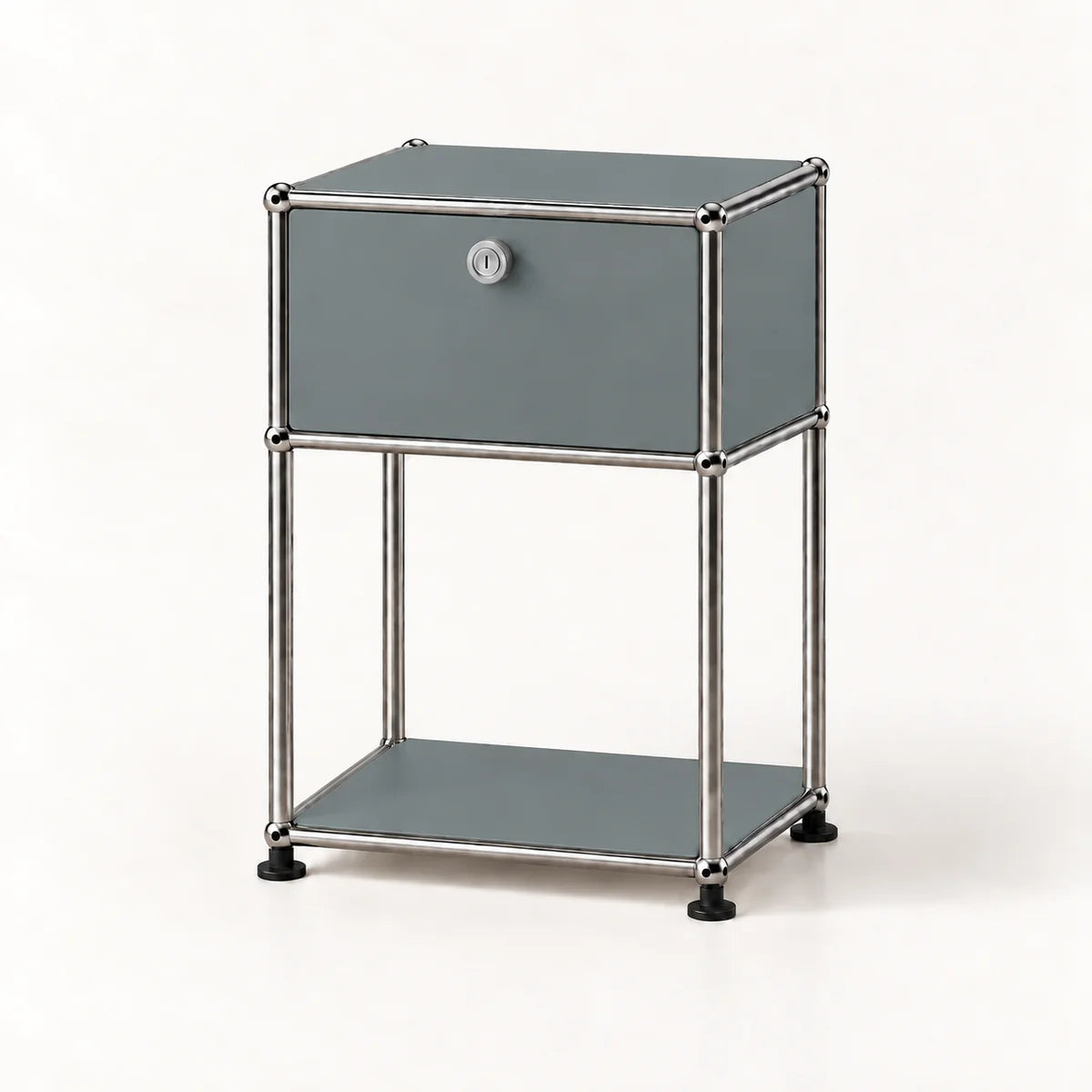 A modern two-tier storage cabinet with a gray panel front and a silver metal frame, featuring a single lockable drawer on the top shelf and a lower open shelf, set against a plain white background.