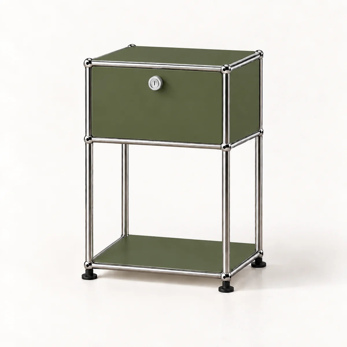 An olive green modular storage cabinet with a silver metal frame, featuring a top drawer with a round silver knob and a lower open shelf, set against a plain white background.