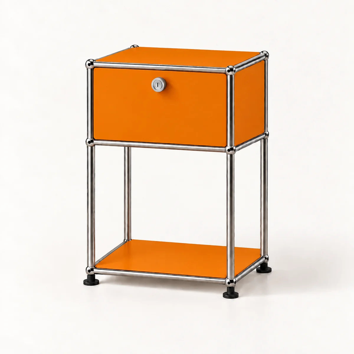An orange and chrome modular side table with a single drawer and a lower shelf, photographed on a clean white background.
