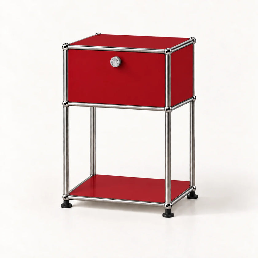 A modern two-tier nightstand featuring a vibrant red enamel finish and a chrome tubular steel frame with black rubber feet, shown on a clean white background.