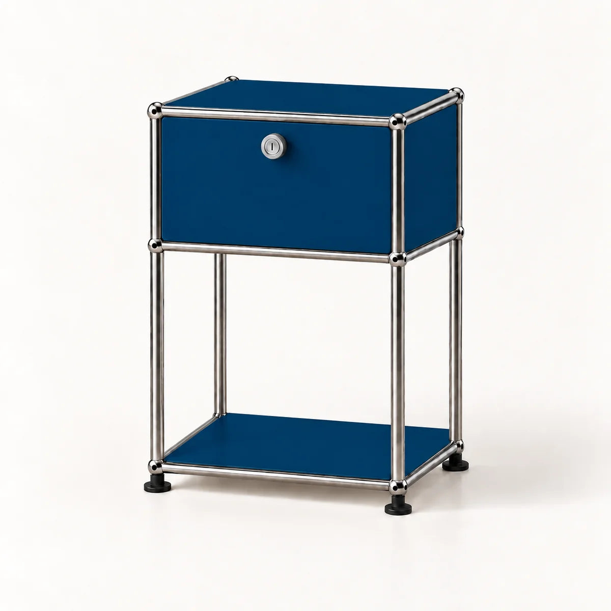 A modern two-tier nightstand with a blue metal drawer and shelves, supported by a chrome tubular metal frame with black feet, on a white background.