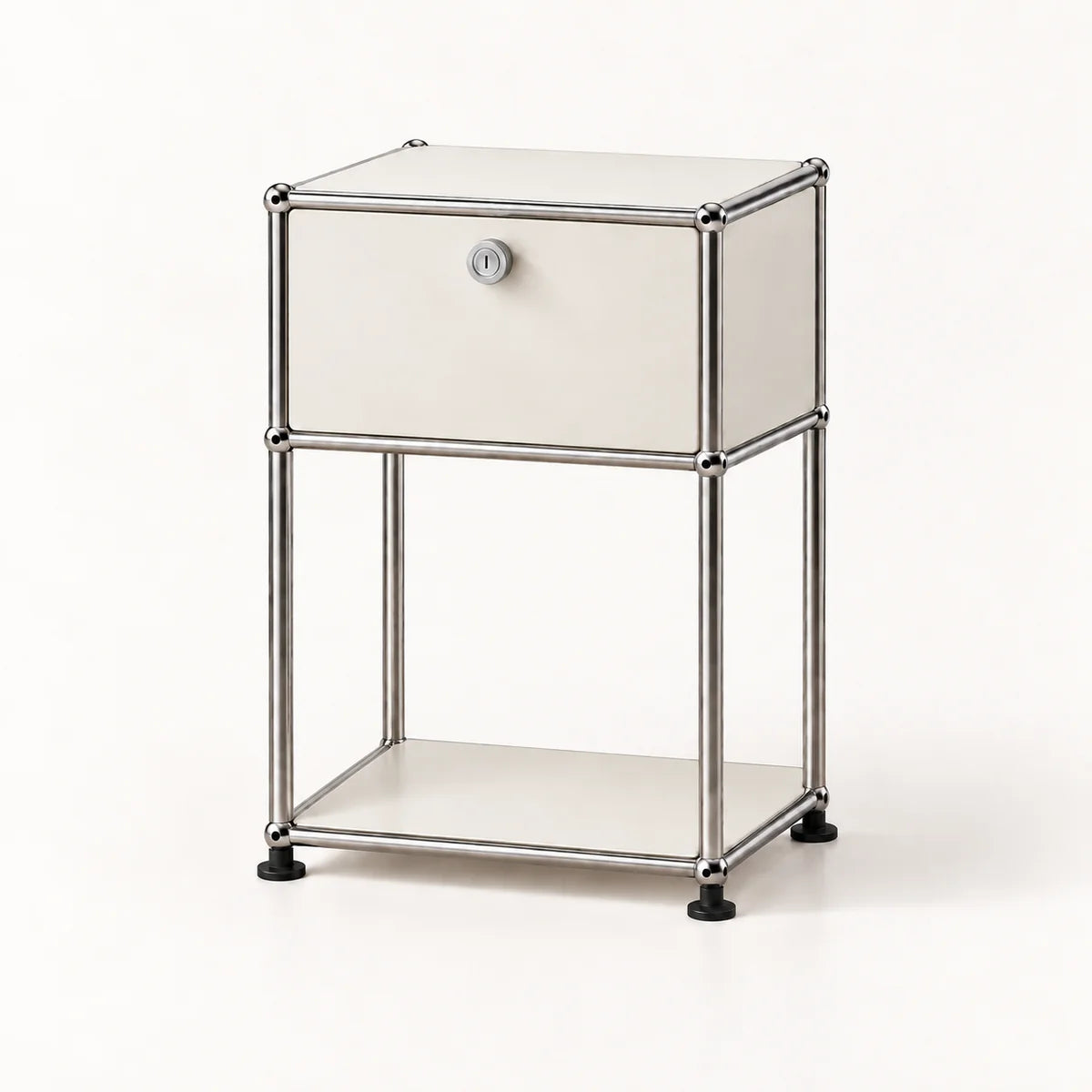 A modern two-tier nightstand featuring a silver chrome tubular metal frame, cream-colored panels, and a single lockable drawer on the top tier with a round silver knob.
