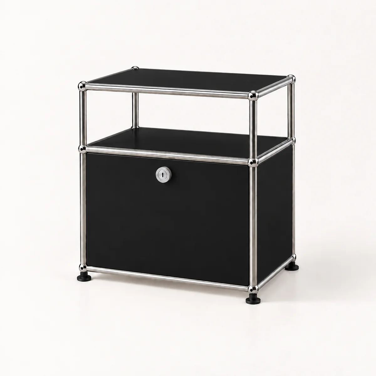A modern two-tier storage cabinet with a black metal-covered body, a chrome metal frame, and a small silver lock on the front door, set against a plain white background.