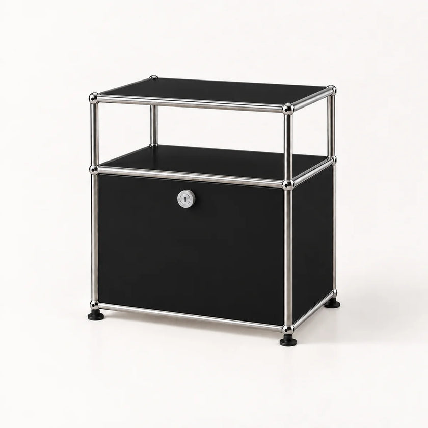 A modern two-tier storage cabinet with a black metal-covered body, a chrome metal frame, and a small silver lock on the front door, set against a plain white background.