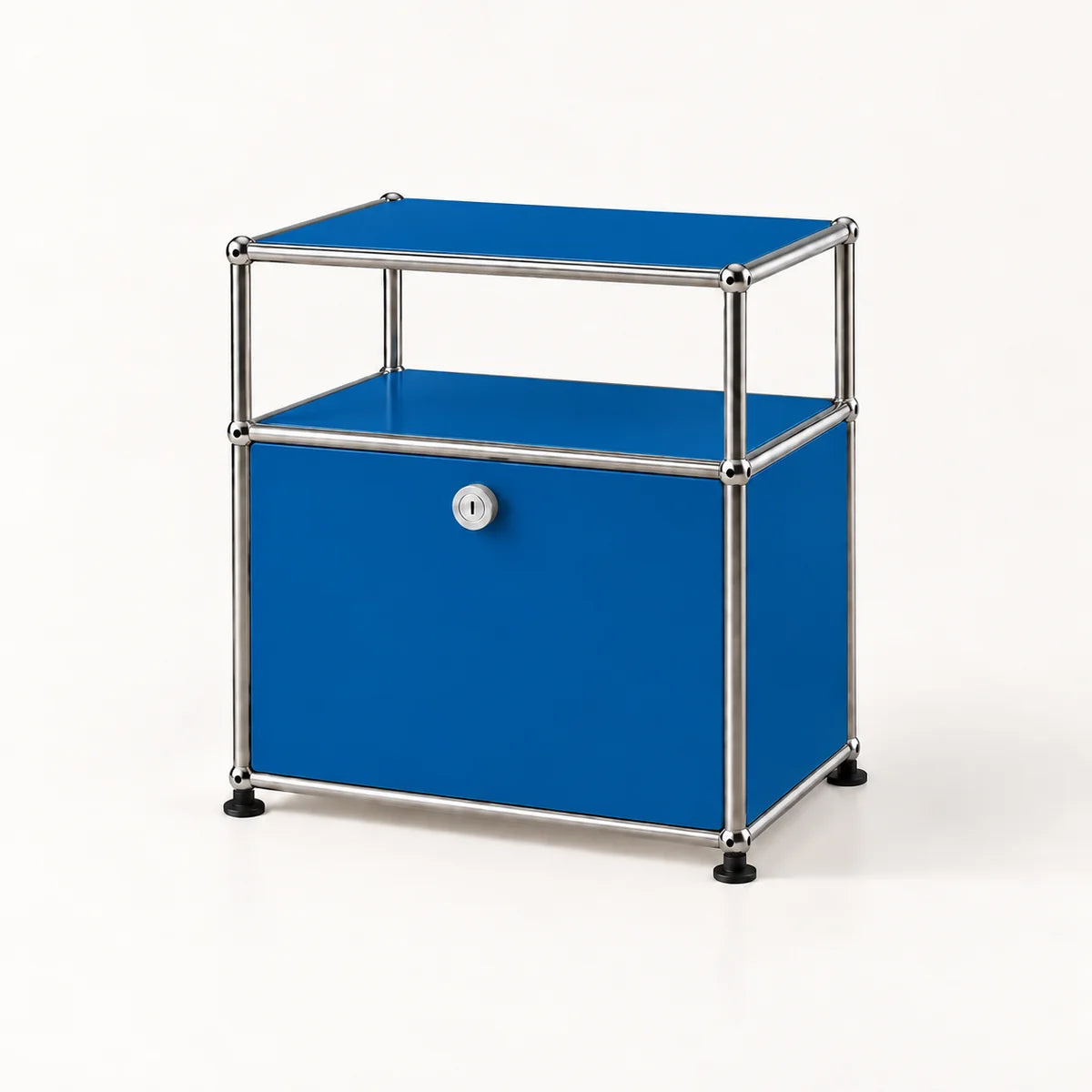 A blue modular storage cabinet with a silver metal frame and black feet, featuring a lockable front door and an open upper shelf, set against a plain white background.
