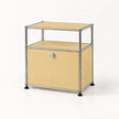 A modern two-tier storage cabinet with a chrome metal frame and goose yellow panels, featuring a small lock on the lower door, set against a plain white background.