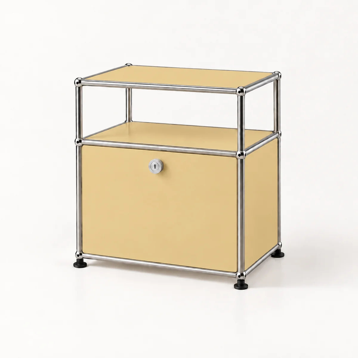A modern two-tier storage cabinet with a chrome metal frame and goose yellow panels, featuring a small lock on the lower door, set against a plain white background.