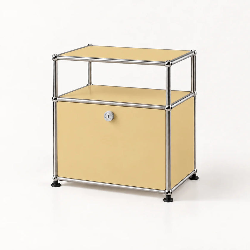 A modern two-tier storage cabinet with a chrome metal frame and goose yellow panels, featuring a small lock on the lower door, set against a plain white background.