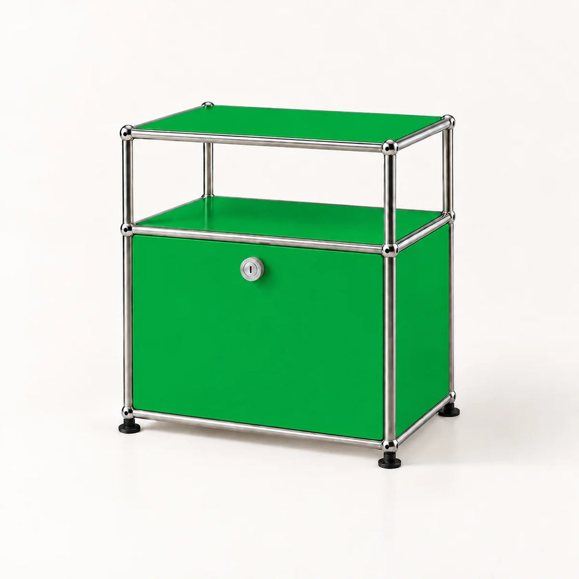 A modern two-tier storage cabinet with bright green panels and a chrome metal frame, featuring a small silver lock on the lower door and black feet, set against a plain white background.