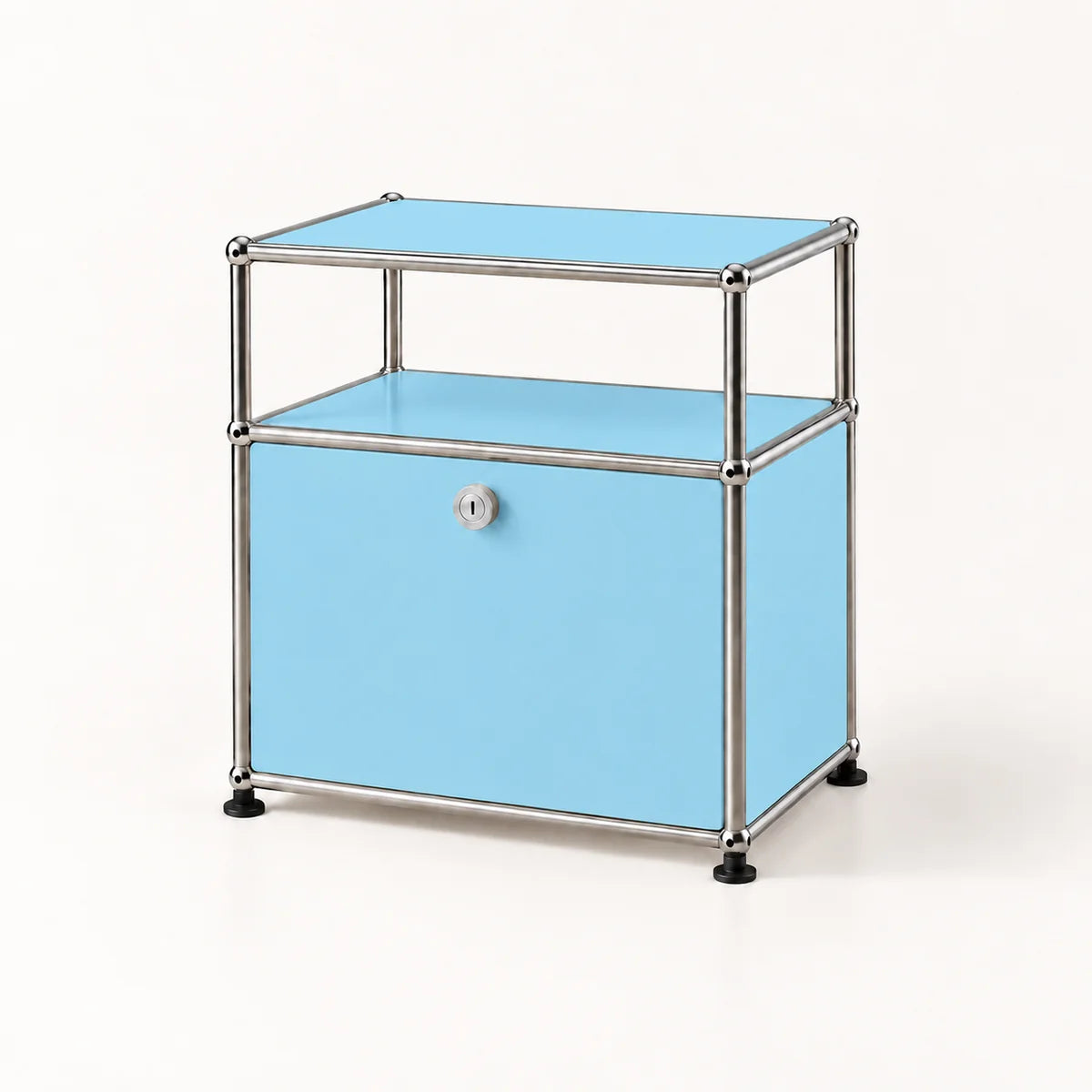 A two-tier storage cabinet with light blue panels and a chrome metal frame, featuring a single lockable lower drawer with a round silver knob and black feet, set against a plain white background.