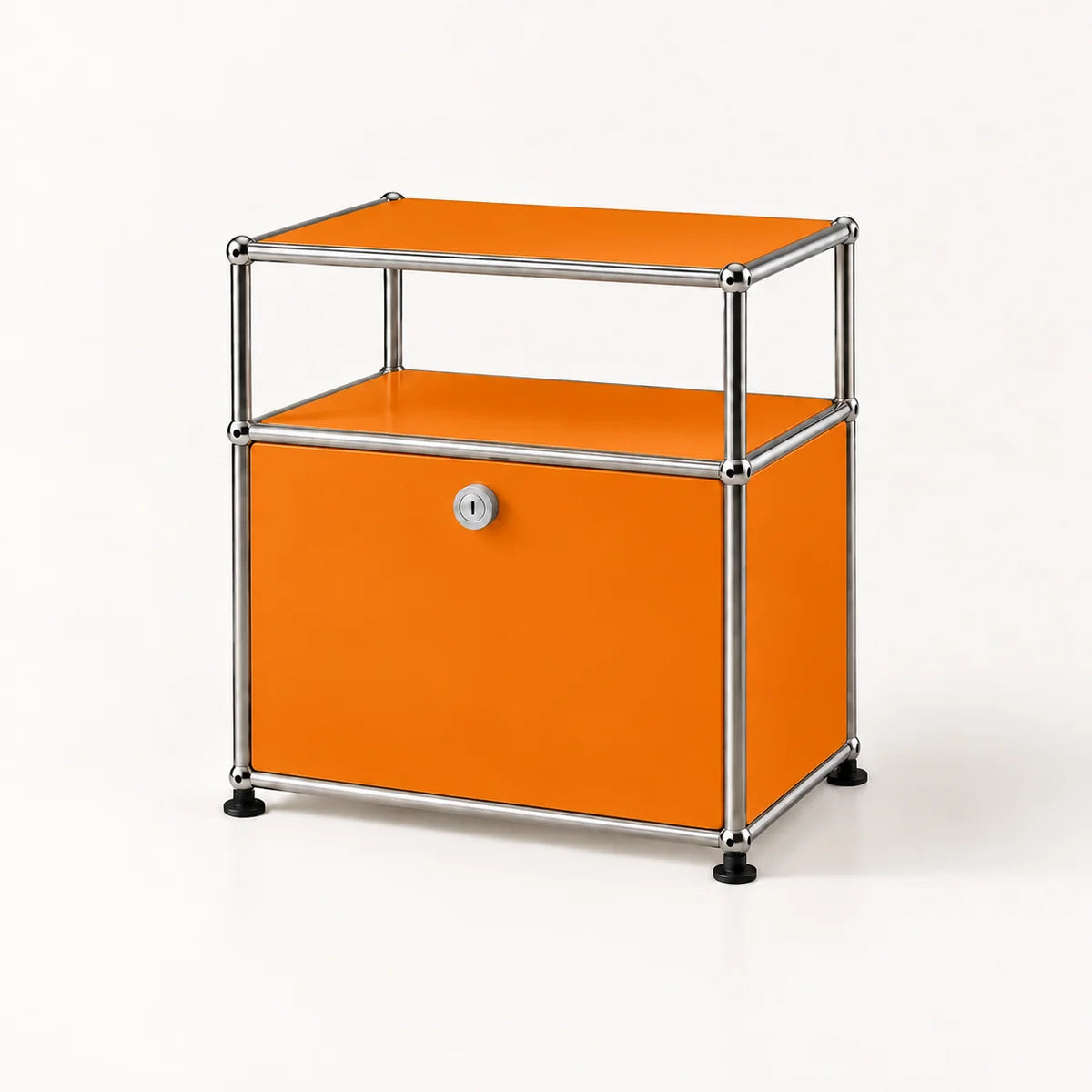 An orange modular storage cabinet with a chrome metal frame and black feet, featuring a lockable lower compartment and an open upper shelf.