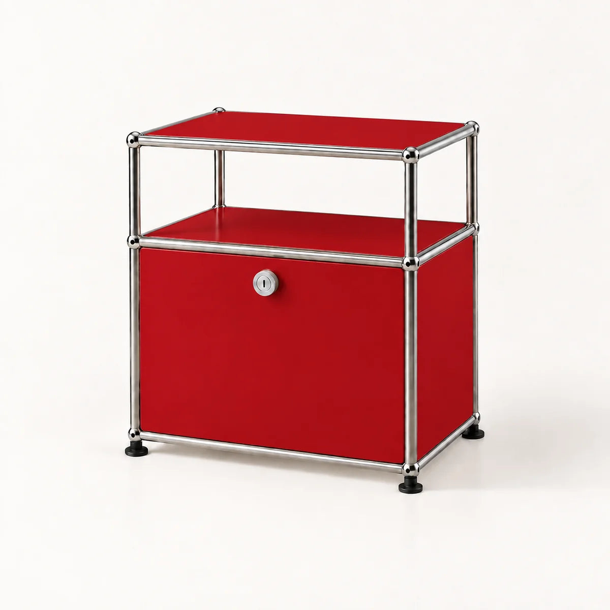 A modern two-tier side cabinet with a vibrant red metal-covered frame and a polished chrome metal structure, featuring a single lockable drawer on the bottom shelf.