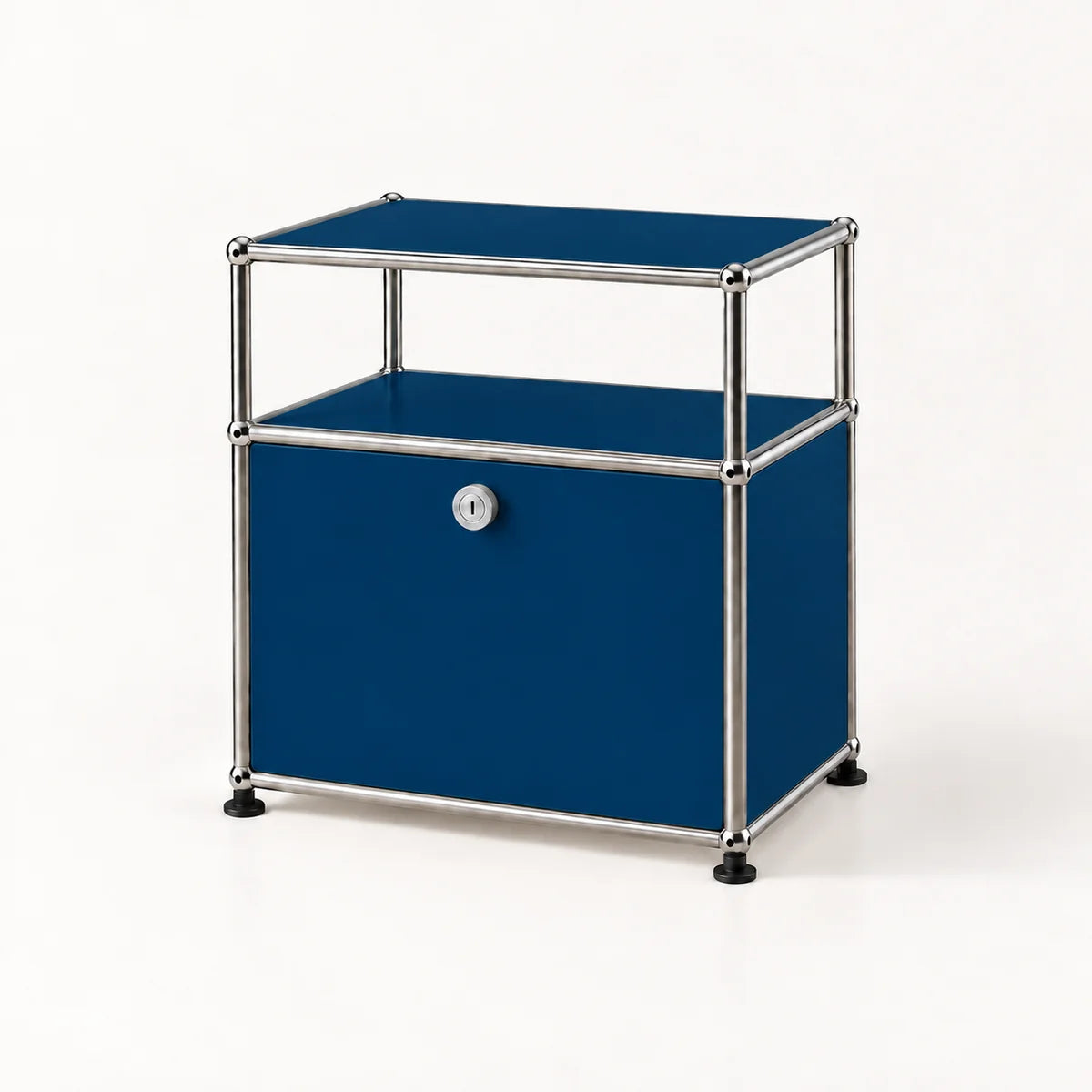 A modern two-tier storage cabinet with a dark blue metal-covered frame and a lower door featuring a silver lock, supported by a chrome metal tube frame on a white background.