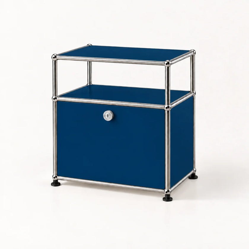 A modern two-tier storage cabinet with a dark blue metal-covered frame and a lower door featuring a silver lock, supported by a chrome metal tube frame on a white background.
