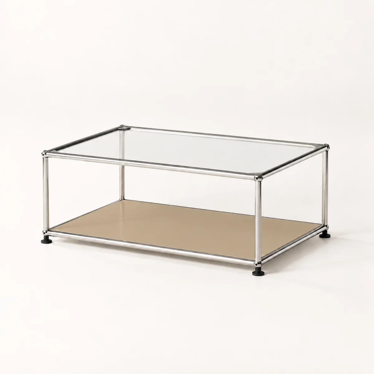 A modern two-tier coffee table with a chrome metal frame, a clear glass top, and a beige lower shelf, shown on a clean white background.