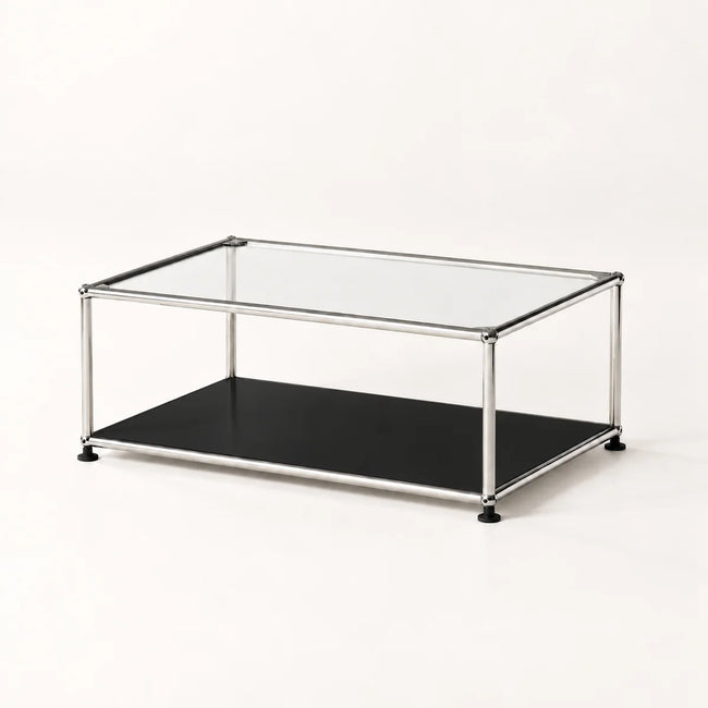 A modern two-tier coffee table with a clear glass top, a black lower shelf, and a slim stainless metal frame with black feet, photographed on a seamless white background.