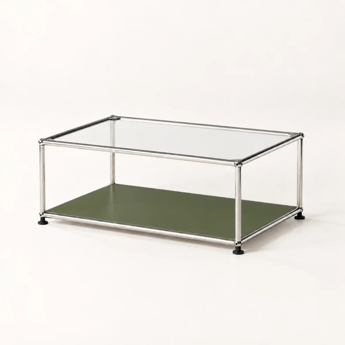 A modern two-tier coffee table with a clear glass top, a stainless metal frame, and an olive green lower shelf, shown on a plain light background.