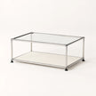 A modern rectangular coffee table with a clear glass top, a lower metal shelf, and a slim stainless metal frame with black feet, shown on a clean white background.