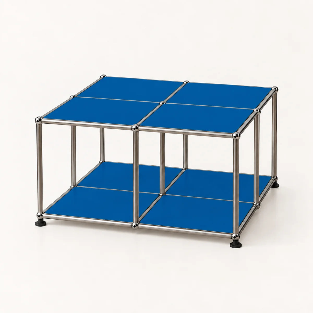 A modular metal storage coffee table with blue panels and a stainless chrome frame, shown on a clean white background.
