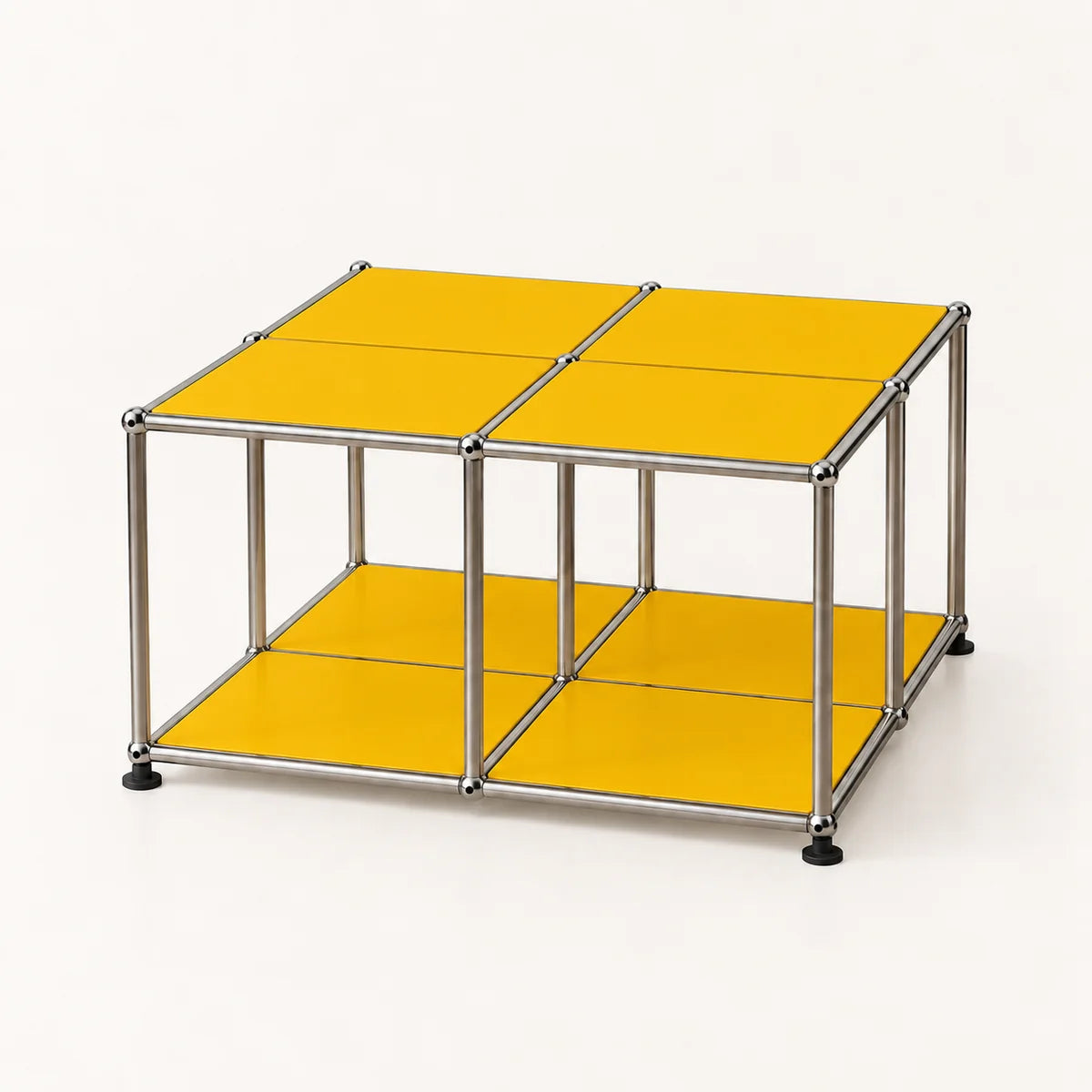 A modular cube storage organizer with a chrome metal frame and bright yellow panels on the top and bottom shelves, set against a plain white background.