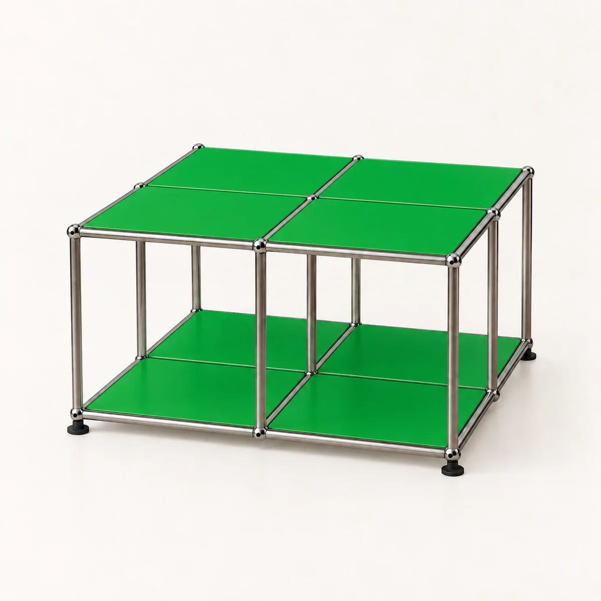 A modular three-tier storage shelf unit with a chrome metal frame and bright green panels on a clean white background.