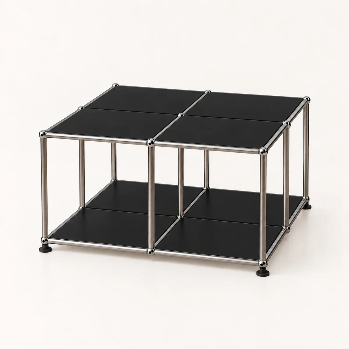 A modular cube storage organizer with a stainless metal frame and black panels on a clean white background.