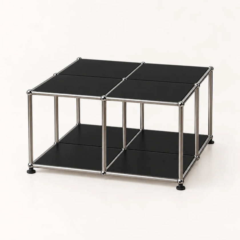 A modular cube storage organizer with a stainless metal frame and black panels on a clean white background.