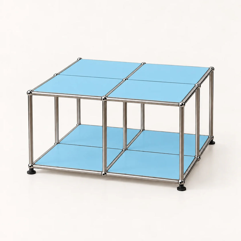 A modular storage cube organizer with a stainless metal frame and light blue panels on a clean white background.