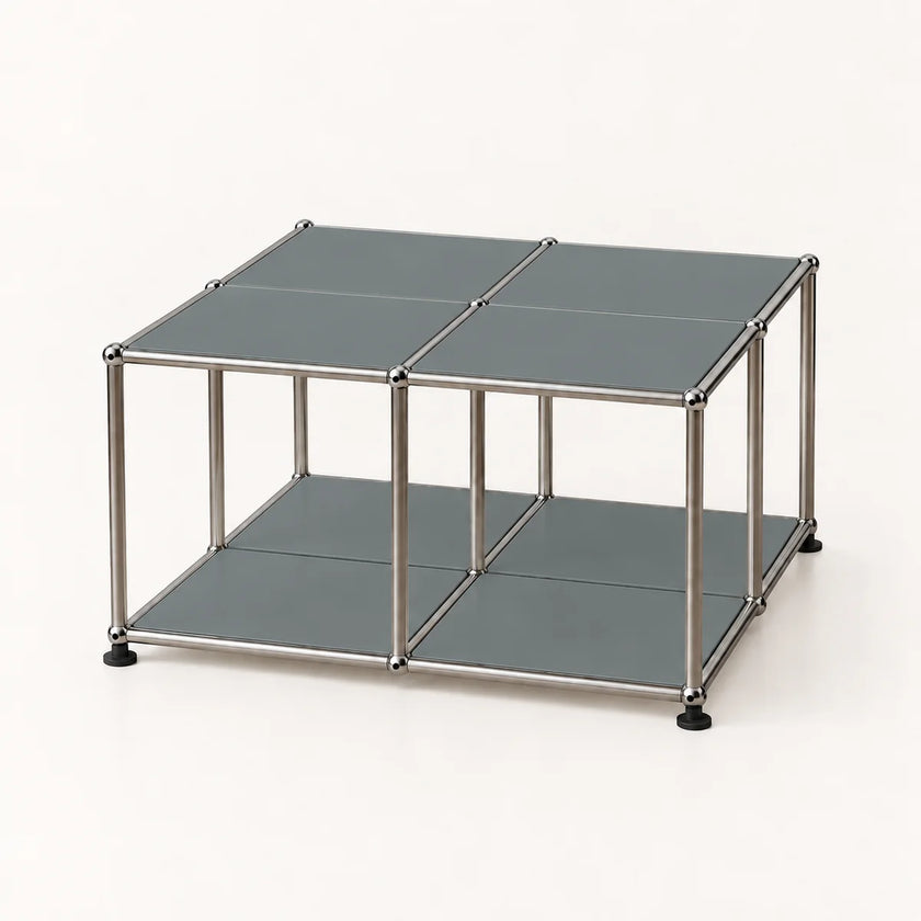 A modular two-tier storage cube organizer with a stainless metal frame and dark gray panels, shown on a clean white background.