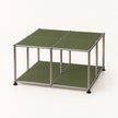 A modular cube storage organizer with olive green panels and a stainless metal frame, shown on a clean white background.