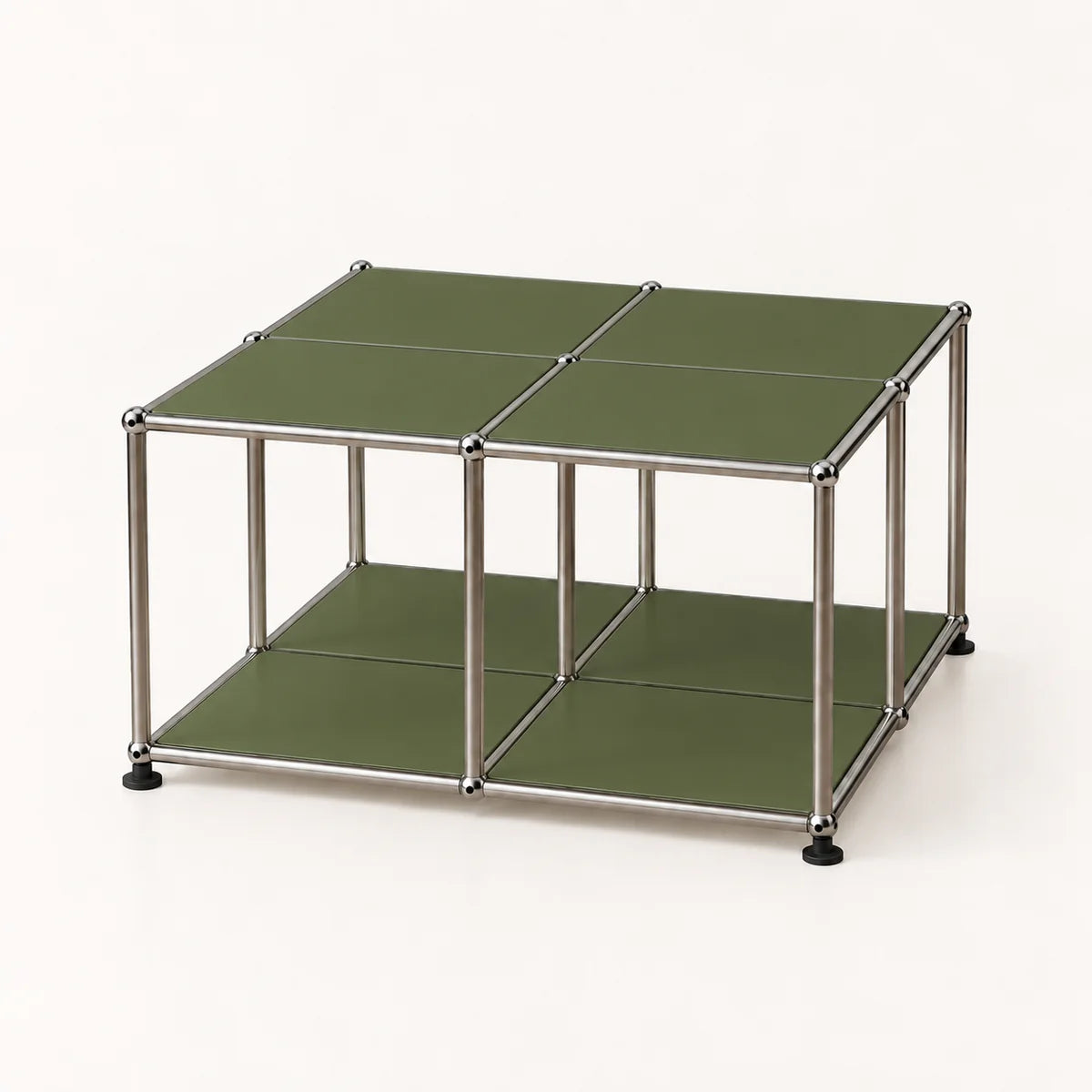 A modular cube storage organizer with olive green panels and a stainless metal frame, shown on a clean white background.