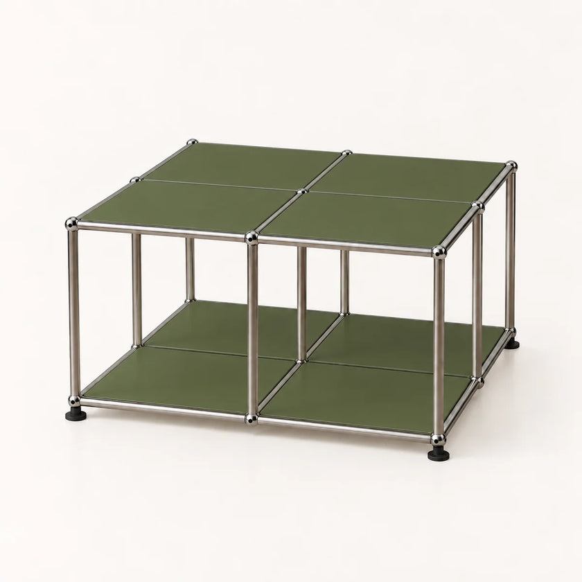 A modular cube storage organizer with olive green panels and a stainless metal frame, shown on a clean white background.