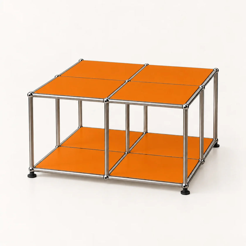 A modular cube storage unit with bright orange panels and a stainless metal frame, shown on a clean white background.