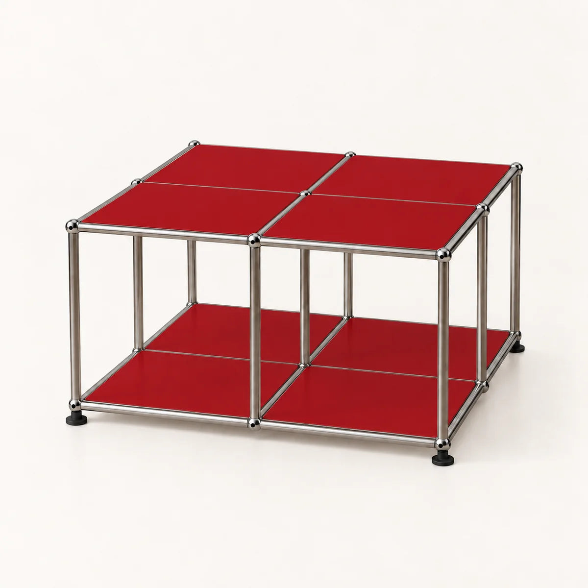 A modular cube-shaped storage shelf with a chrome stainless metal frame and bright red panels on the top and bottom shelves, set against a plain white background.